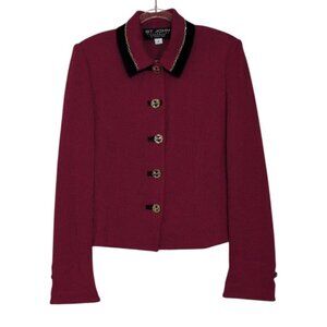 St John Collection Marie Gray Cardigan Womens Size 4 Red Santana Knit Chain